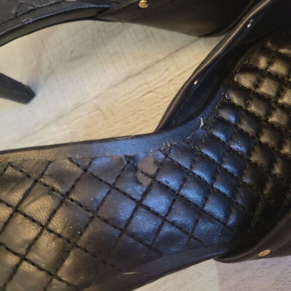 Black Quilted High Heel Sandals With Gold Chain Decoration & Studs Size 8 - Picture 6 of 7